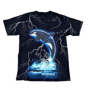 Vintage 90s Shamu Seaworld All Over Print Black T-Shirt Sz Medium